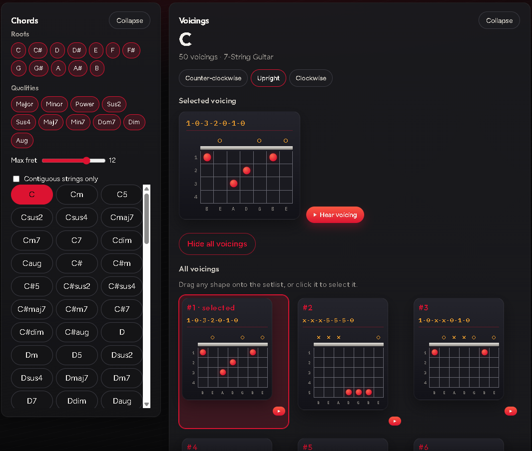Chord list and fretboard shapes for C on a 7-string guitar